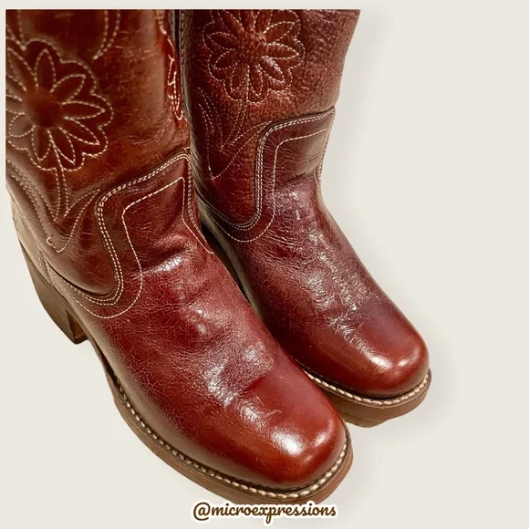 RARE 1960s Frye Vintage Embroider Brown Campus Western Cowboy Floral Stitch Boot - Picture 11 of 15